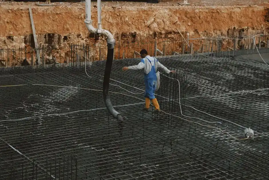 A construction worker in yellow boots walks on rebar grid at a building site.